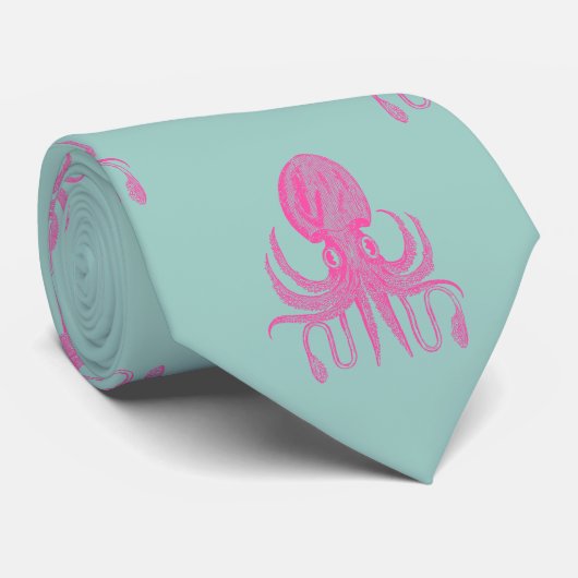Cute Octopus Illustration Pattern Aqua and Fuchsia Stropdas (Opgerold)