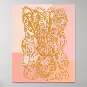Cute  Octopus Line Art Illustratie in Roze Poster