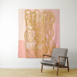 Cute  Octopus Line Art Illustratie in Roze Wandkleed