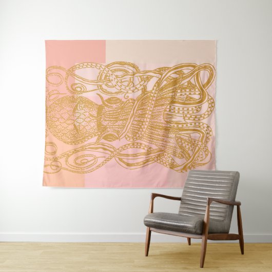 Cute  Octopus Line Art Illustratie in Roze Wandkleed (In Situ (horizontaal))