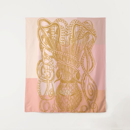 Cute Octopus Line Art Illustratie in Roze Wandkleed (Voorkant)