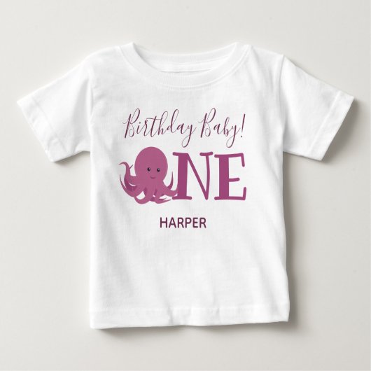 Cute Octopus One Name First Birthday Baby T-Shirt (Voorkant)