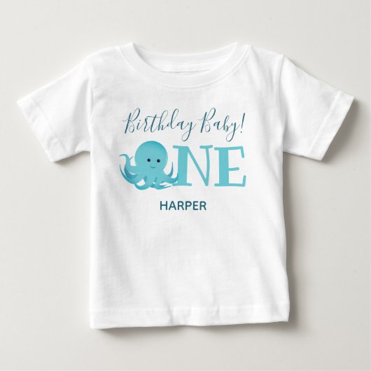 Cute Octopus One Name First Birthday Baby T-Shirt (Voorkant)
