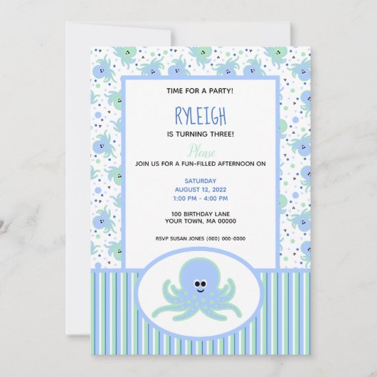 Cute Octopus Pastel Blue en Green Birthday Kaart (Voorkant)