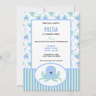Cute Octopus Pastel Blue en Green Birthday Kaart