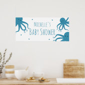Cute Octopus Wide Blue Name Baby shower Poster (Keuken)