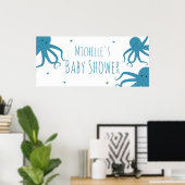 Cute Octopus Wide Blue Name Baby shower Poster (Thuiskantoor)