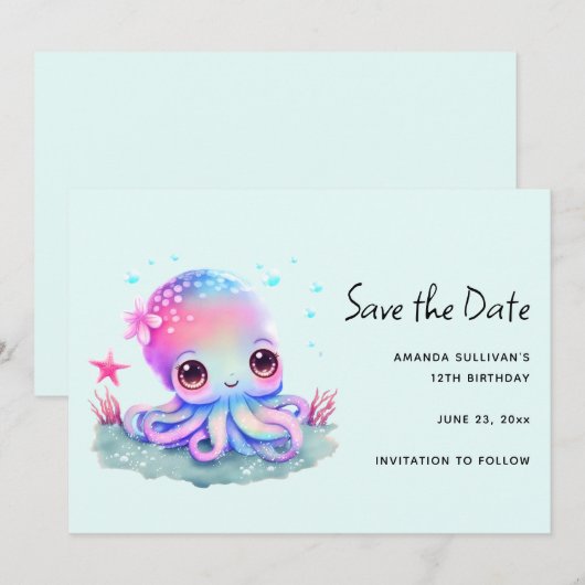 Cute Octopus Zee creatie Save The Date (Voorkant / Achterkant)