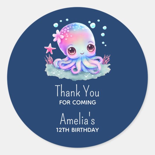 Cute Octopus Zee Creature Birthday Dank u Ronde Sticker (Voorkant)