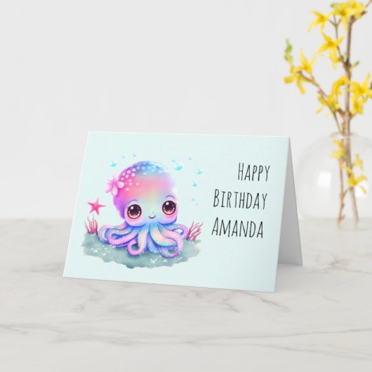 Cute Octopus Zee Creature Birthday Kaart (Gele Bloem)