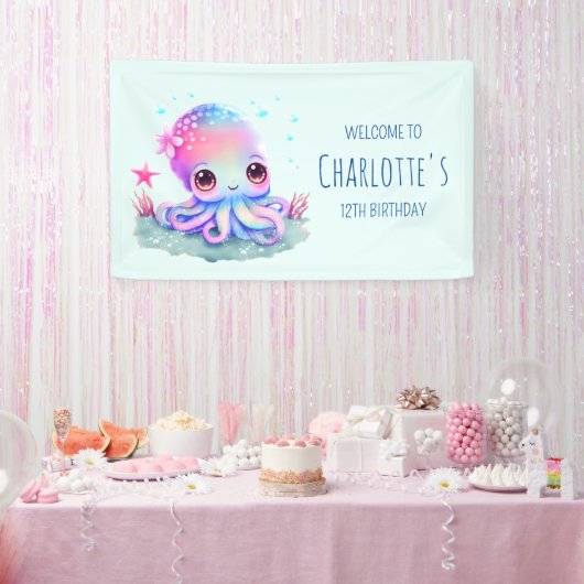 Cute Octopus Zee Creature Birthday Welkom Spandoek (Feest)