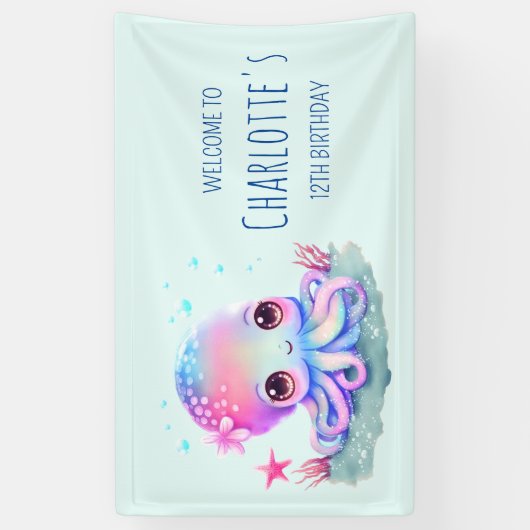 Cute Octopus Zee Creature Birthday Welkom Spandoek (Verticaal)