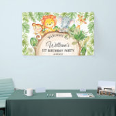 Cute Oerwoud Animals 1st Birthday Welkomstachtergr Spandoek (Beurs)