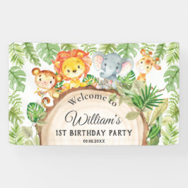 Cute Oerwoud Animals 1st Birthday Welkomstachtergr Spandoek