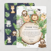 Cute Oerwoud Animals Greenery 1st Birthday Party Bedankkaart (Voorkant / Achterkant)