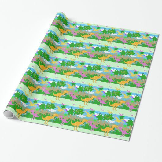 Cute Oerwoud Dinosaurs Cadeaupapier (Uitgerold)