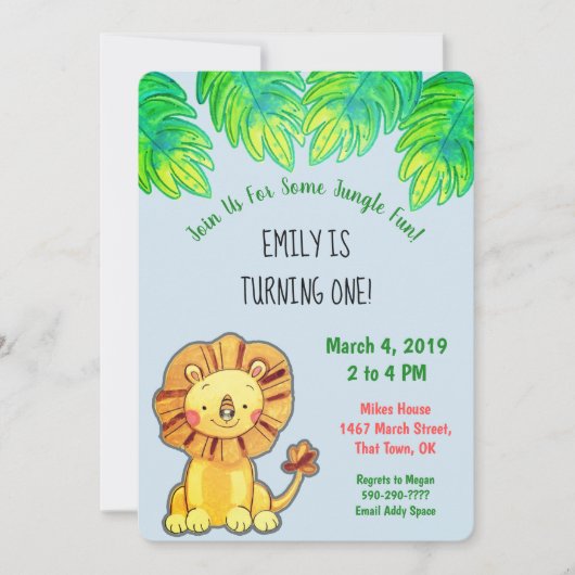 Cute Oerwoud Lion First Birthday Uitnodiging (Voorkant)