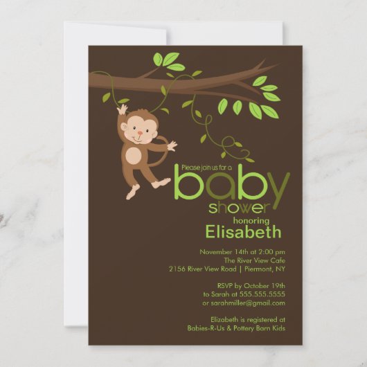 Cute Oerwoud Monkey Baby Shower-uitnodigingen Kaart (Voorkant)