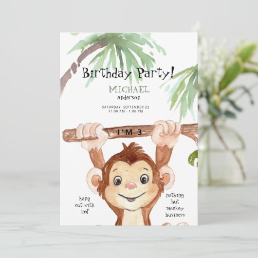 Cute Oerwoud Monkey Boy Birthday Party Kaart (Staand voorkant)