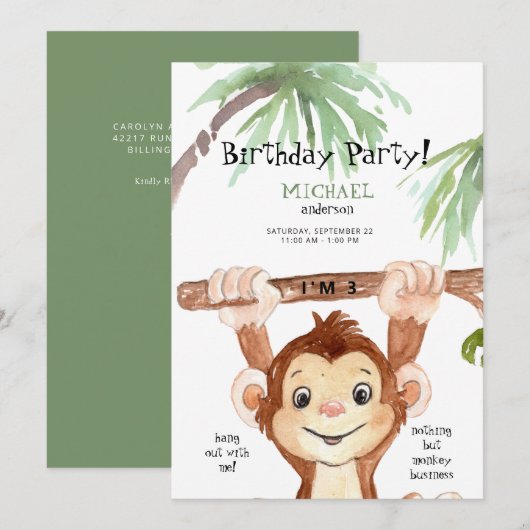 Cute Oerwoud Monkey Boy Birthday Party Kaart (Voorkant / Achterkant)