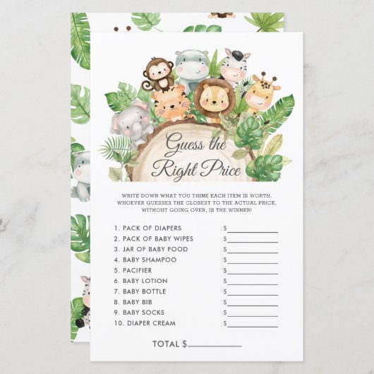 Cute Oerwoud raad het juiste Baby shower spel (Voorkant / Achterkant)