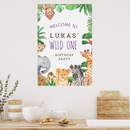 Cute Oerwoud Safari 1st Birthday Party Welcome Sig Poster (Keuken)