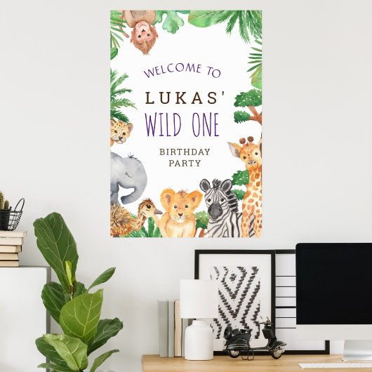 Cute Oerwoud Safari 1st Birthday Party Welcome Sig Poster (Thuiskantoor)