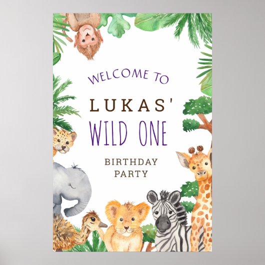Cute Oerwoud Safari 1st Birthday Party Welcome Sig Poster (Voorkant)