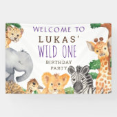 Cute Oerwoud Safari 1st Birthday Party Welcome Spandoek (Horizontaal)
