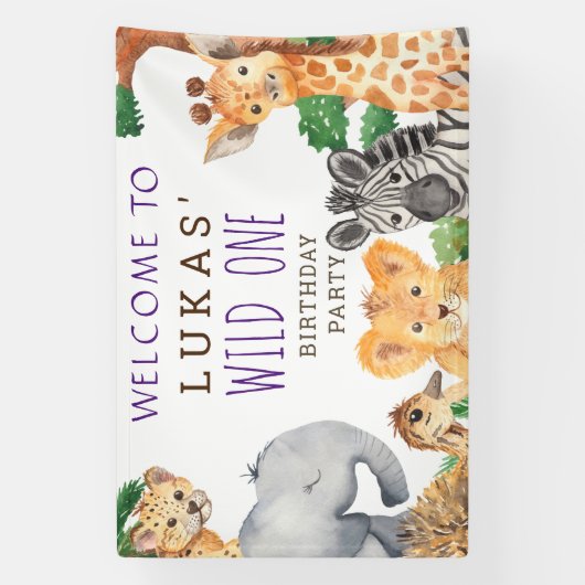 Cute Oerwoud Safari 1st Birthday Party Welcome Spandoek (Verticaal)