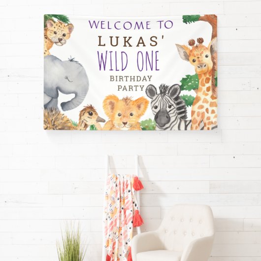 Cute Oerwoud Safari 1st Birthday Party Welcome Spandoek (Insitu)