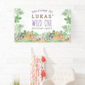 Cute Oerwoud Safari 1st Birthday Party Welcome Spandoek (Insitu)