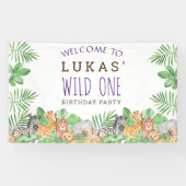 Cute Oerwoud Safari 1st Birthday Party Welcome Spandoek (Horizontaal)