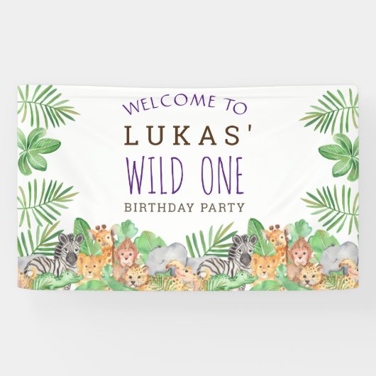 Cute Oerwoud Safari 1st Birthday Party Welcome Spandoek (Horizontaal)