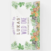 Cute Oerwoud Safari 1st Birthday Party Welcome Spandoek (Verticaal)