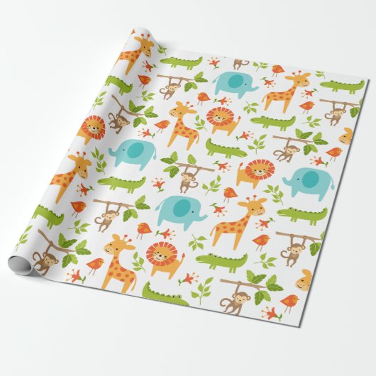 Cute Oerwoud Safari Animal Wrapping Paper Cadeaupapier (Uitgerold)