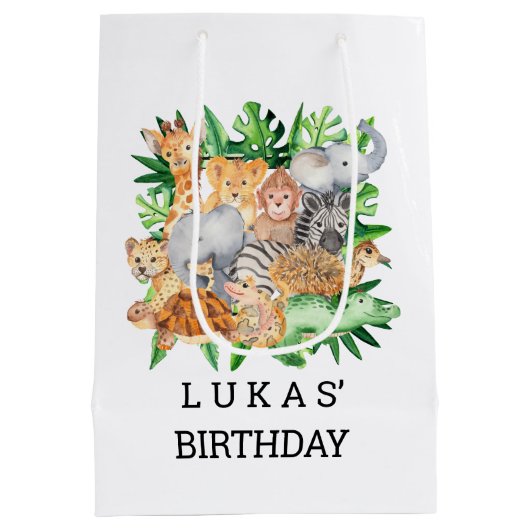 Cute Oerwoud Safari Animals 1e verjaardag Medium Cadeauzakje (Achterkant)