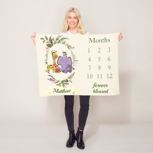 Cute Oerwoud Safari Animals Baby Boy Milestone Fleece Deken (In situ)