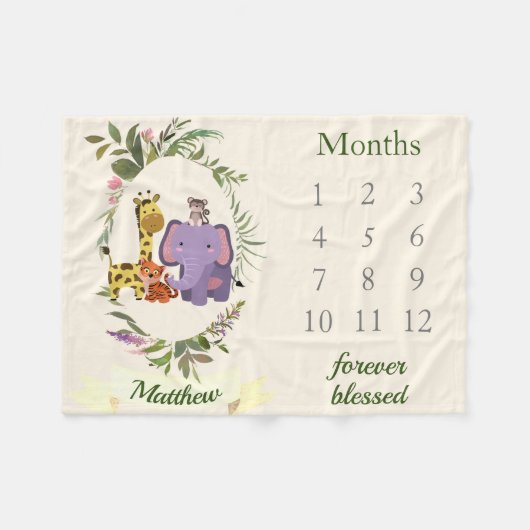 Cute Oerwoud Safari Animals Baby Boy Milestone Fleece Deken (Voorkant (Horizontaal))