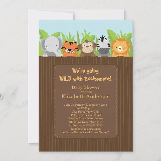 Cute Oerwoud Safari Animals Baby Shower Invitation Kaart (Voorkant)