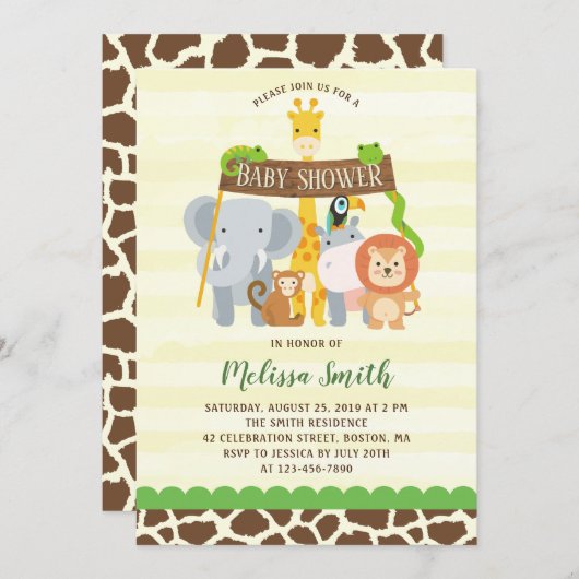 Cute Oerwoud Safari Animals Baby shower Invitation Kaart (Voorkant / Achterkant)