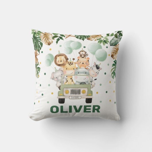 Cute Oerwoud Safari Animals Tropical Greenery Boy Kussen (Voorkant)