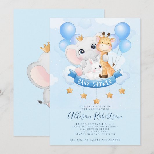 Cute Oerwoud Safari Animals Waterverf Baby shower Kaart (Voorkant / Achterkant)