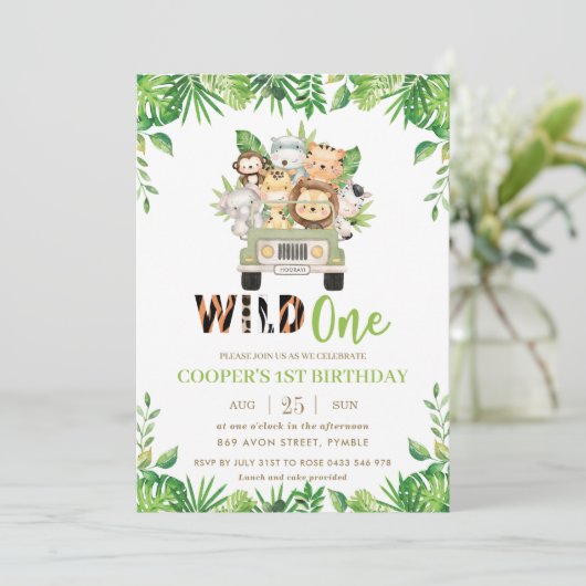Cute Oerwoud Safari Car Greenery Birthday Wild One Kaart (Staand voorkant)