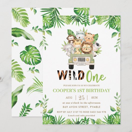 Cute Oerwoud Safari Car Greenery Birthday Wild One Kaart (Voorkant / Achterkant)