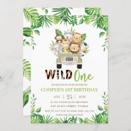 Cute Oerwoud Safari Car Greenery Birthday Wild One Kaart