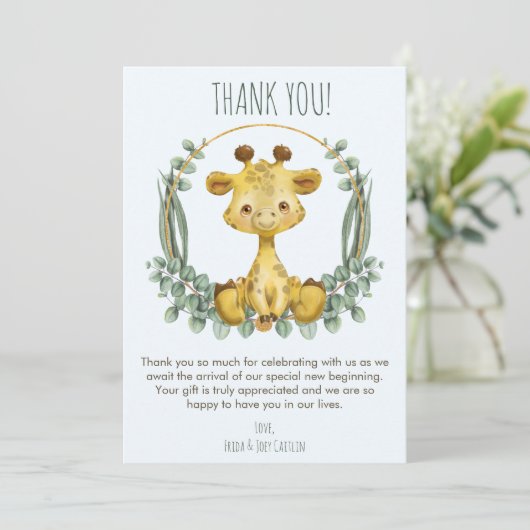 Cute Oerwoud Safari Giraffe Baby shower Hartelijk  Bedankkaart (Staand voorkant)