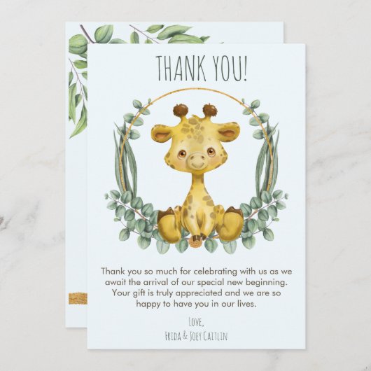 Cute Oerwoud Safari Giraffe Baby shower Hartelijk Bedankkaart (Voorkant / Achterkant)