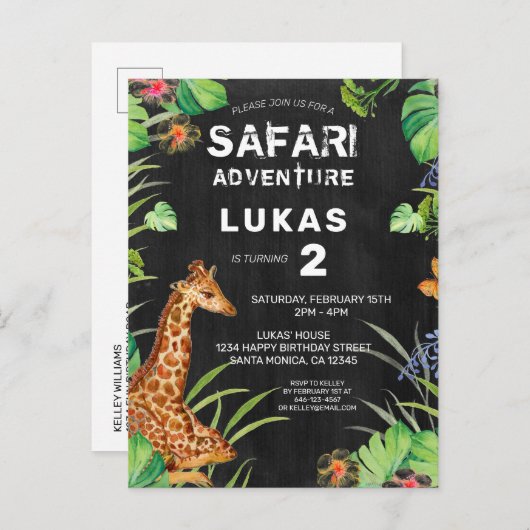 Cute Oerwoud Safari Giraffe Birthday Invitation Uitnodiging Briefkaart (Voorkant / Achterkant)