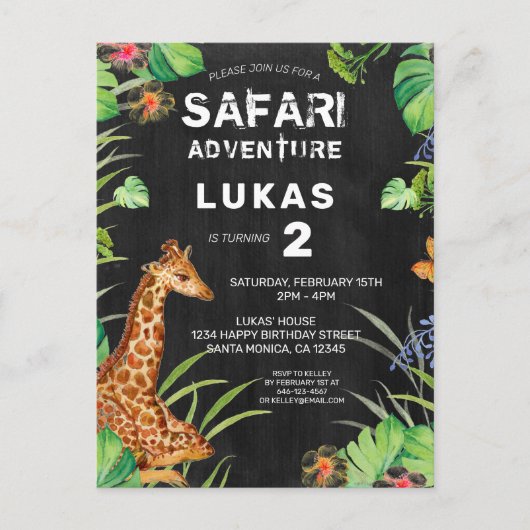 Cute Oerwoud Safari Giraffe Birthday Invitation Uitnodiging Briefkaart (Voorkant)